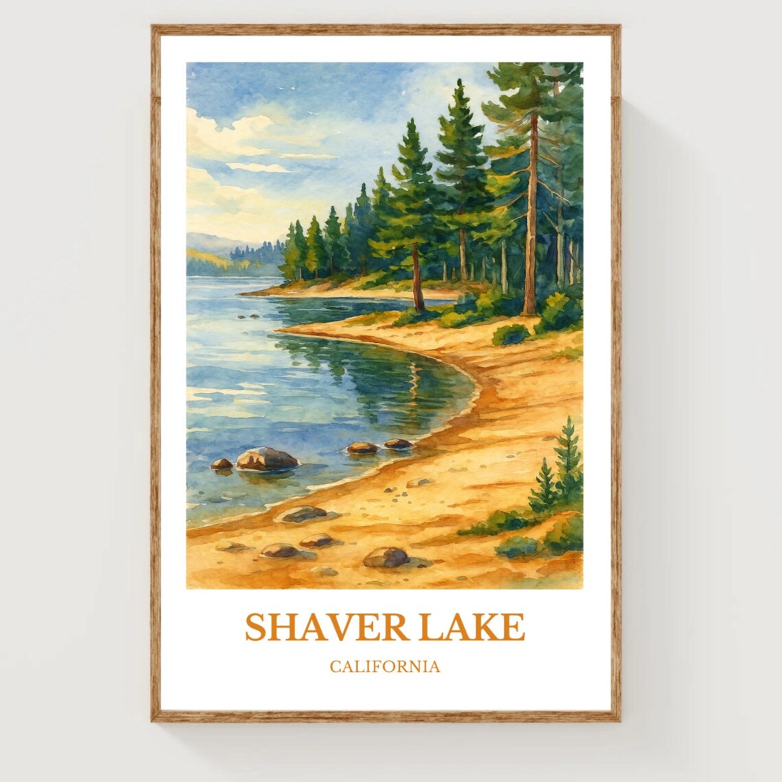 Shaver Lake California Pine Shoreline Watercolor Travel Poster