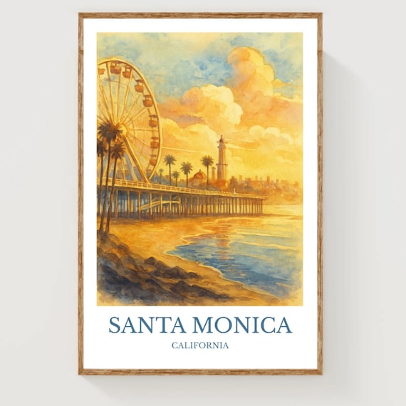 Santa Monica California Pier Ferris Wheel Sunset Watercolor Poster