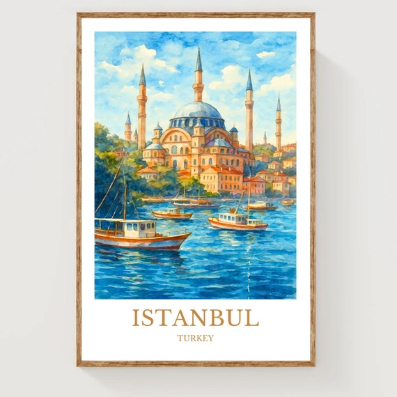 Istanbul Turkey Watercolor Poster Mosque Bosphorus Travel Art