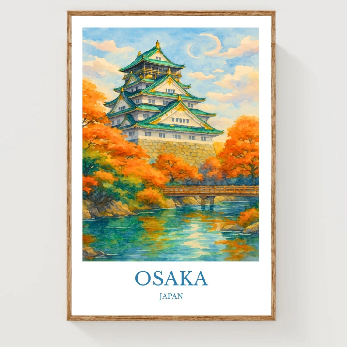 Osaka Castle Japan Autumn Watercolor Moat Scenic Travel Poster