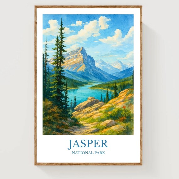 Jasper National Park Rocky Mountain Lake Watercolor Travel Poster