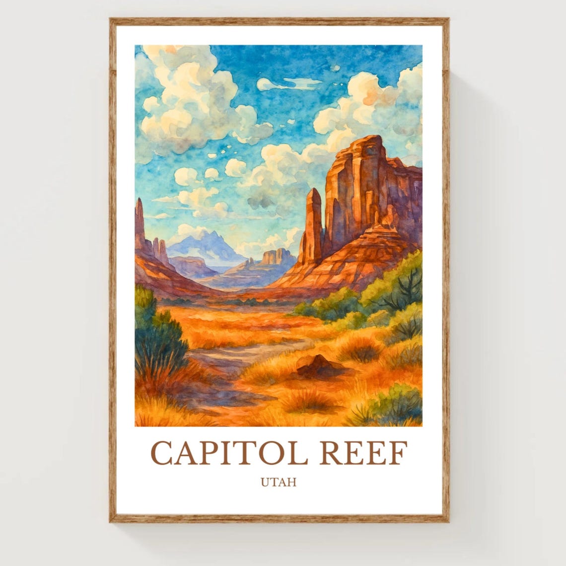 Capitol Reef Utah Watercolor Travel Poster Red Rock Desert Landscape