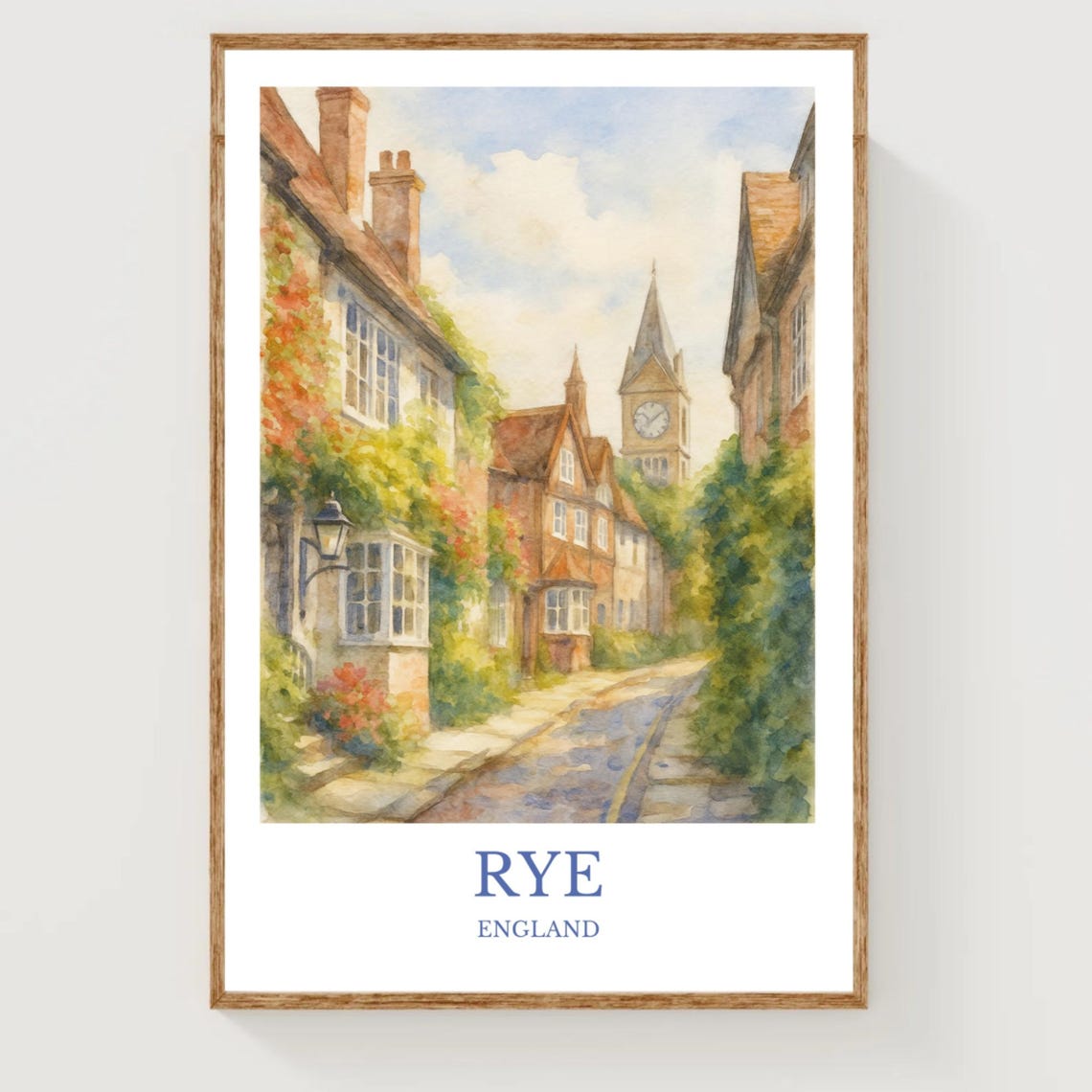 Rye England Cobblestone Street Clock Tower Watercolor Poster