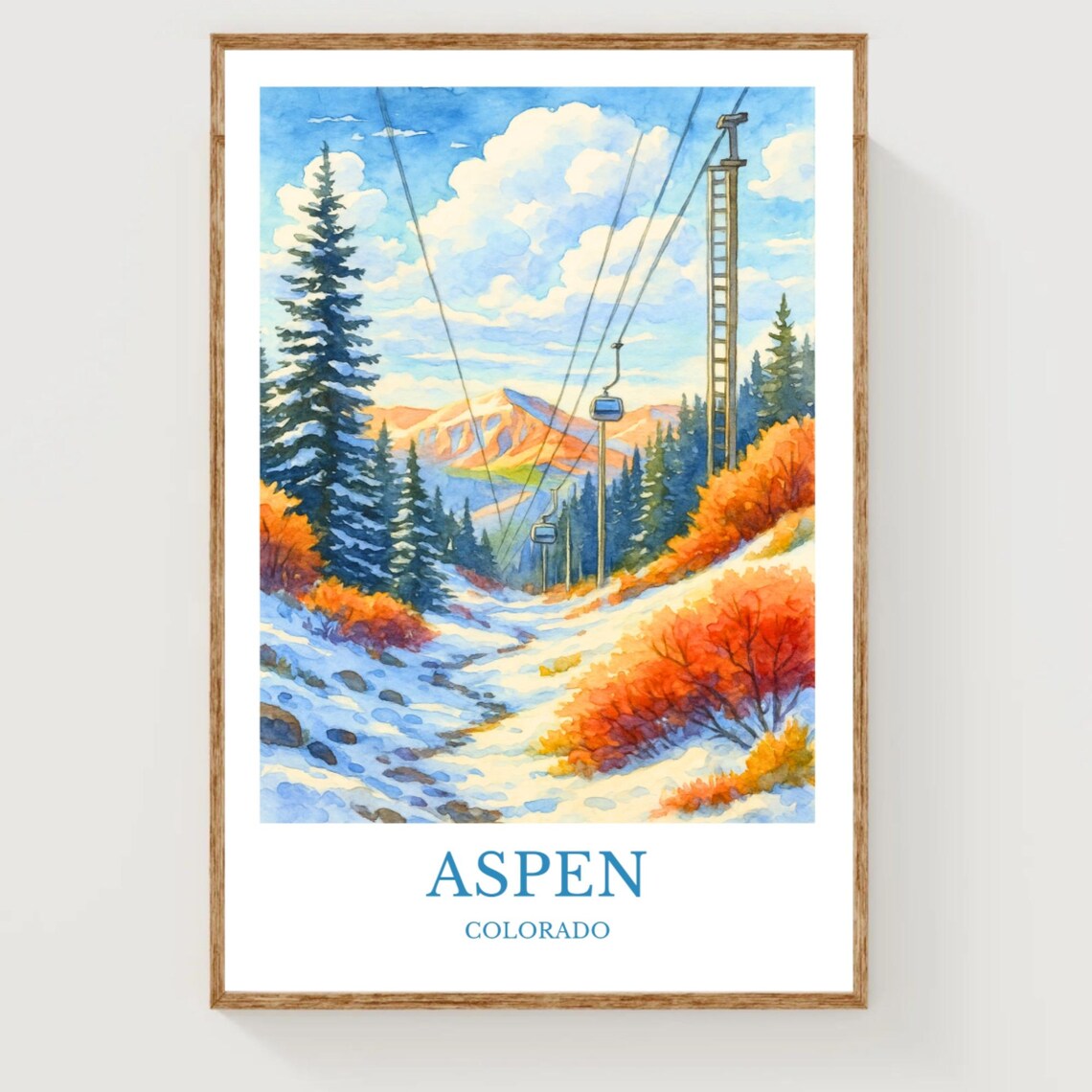Aspen Colorado Travel Poster Gondola Ski Lift Snowy Mountain Watercolor