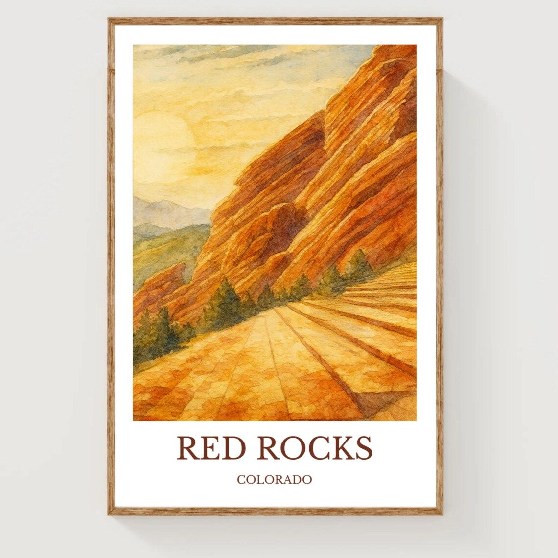 Red Rocks Amphitheatre Colorado Watercolor Sunset Travel Poster