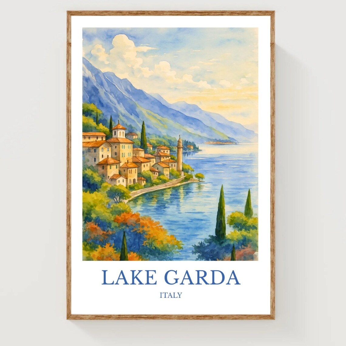 Lake Garda Italy Lakeside Village Watercolor Travel Art Poster