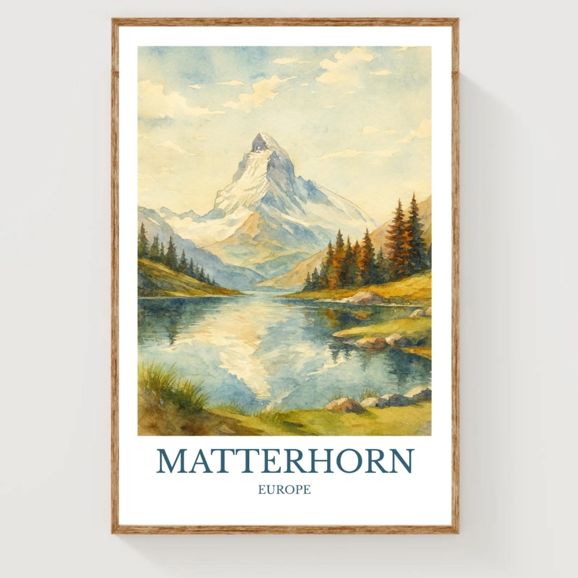 Matterhorn Europe Watercolor Mountain Lake Reflection Travel Poster