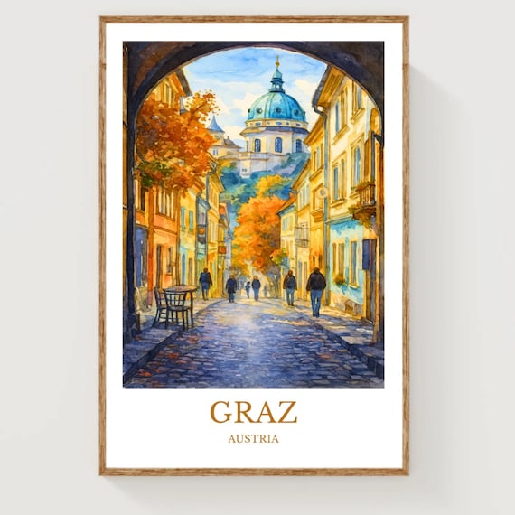 Graz Austria Old Town Street Autumn Watercolor Travel Poster