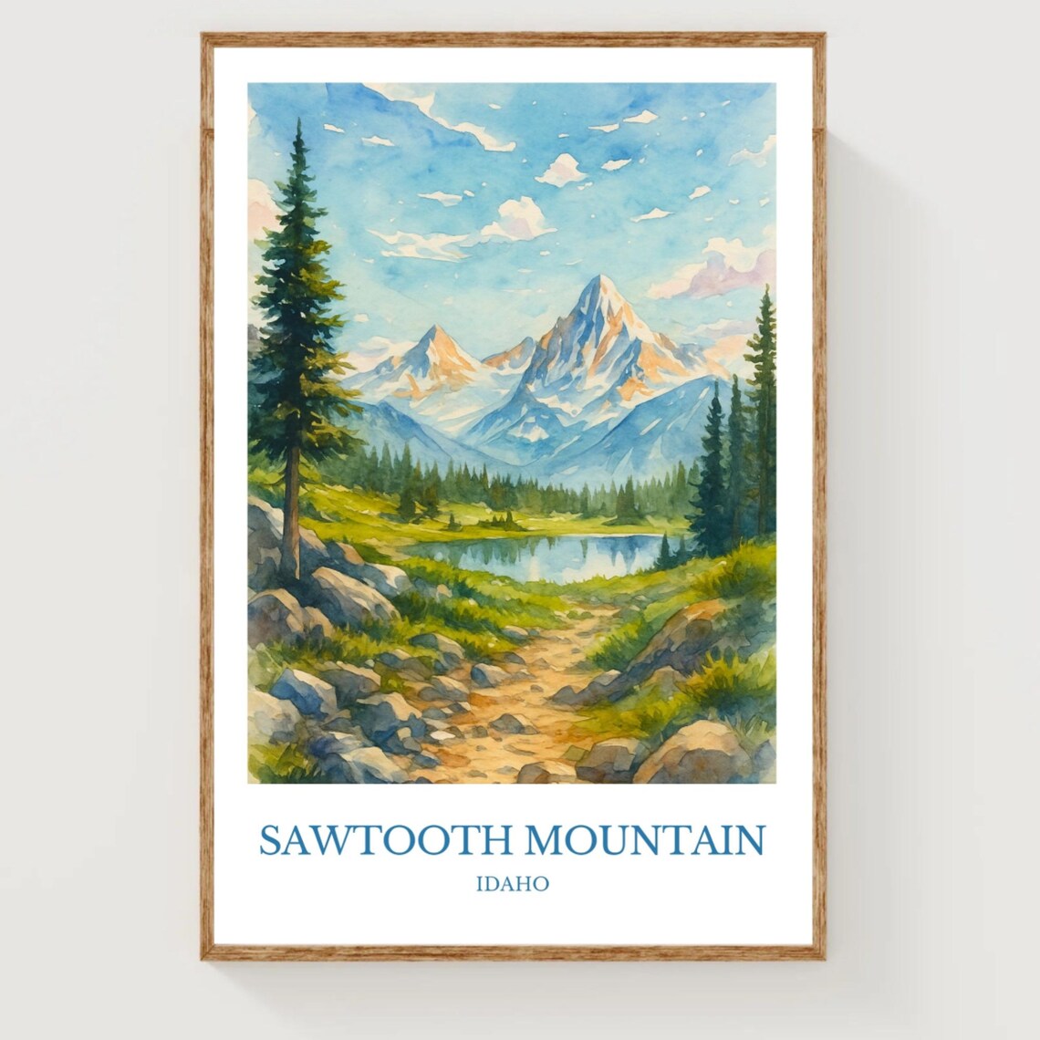 Sawtooth Mountain Idaho Watercolor Alpine Trail Travel Poster Lake