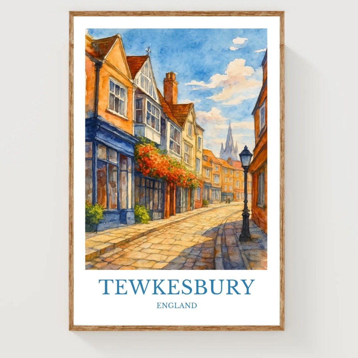Tewkesbury England Watercolor Cobblestone Street Historic Town Poster