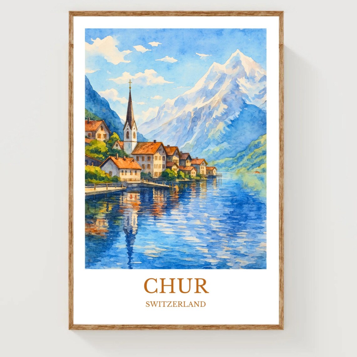 Chur Switzerland Alpine Lakeside Village Watercolor Travel Poster