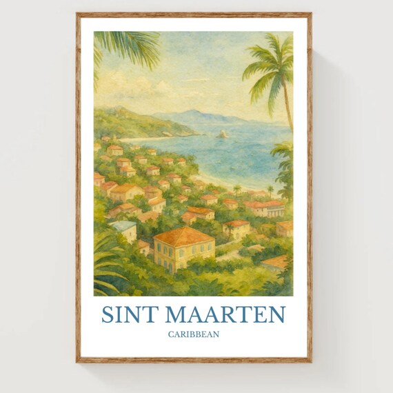 Sint Maarten Caribbean Hillside Town Watercolor Travel Poster