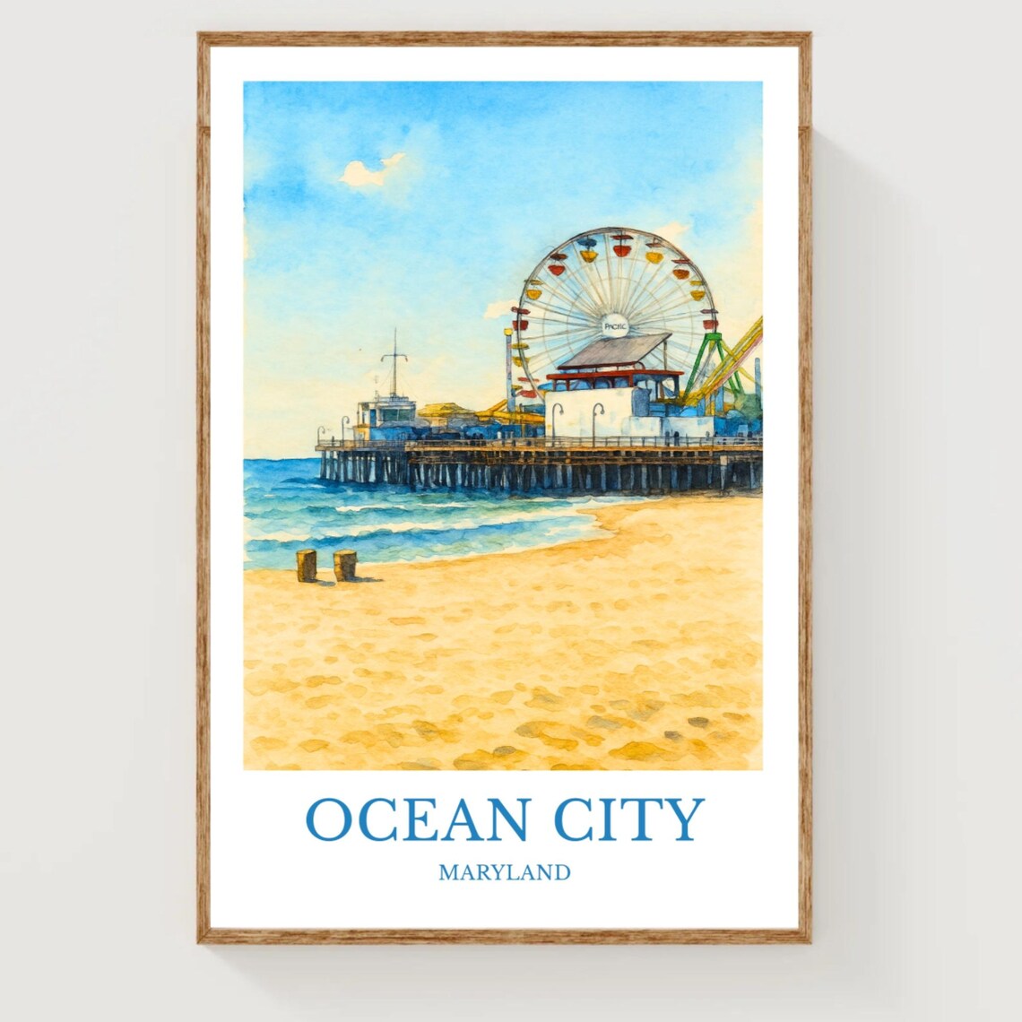 Ocean City Maryland Ferris Wheel Pier Beach Watercolor Travel Poster