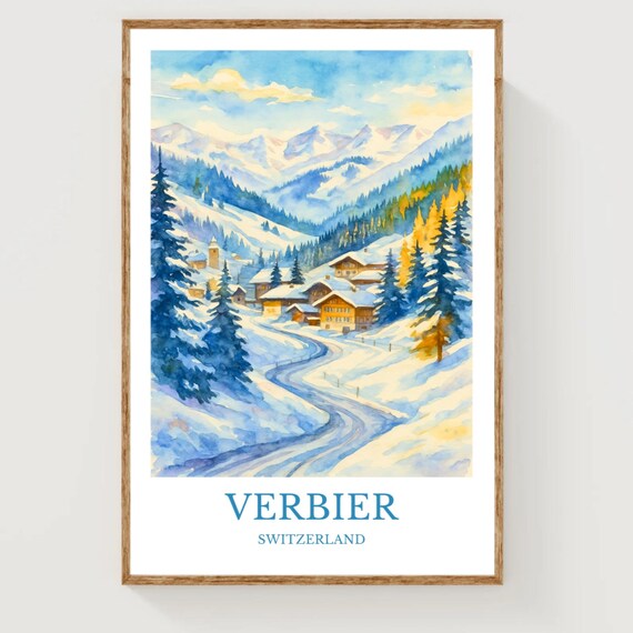Verbier Switzerland Snowy Alpine Village Watercolor Travel Art Poster