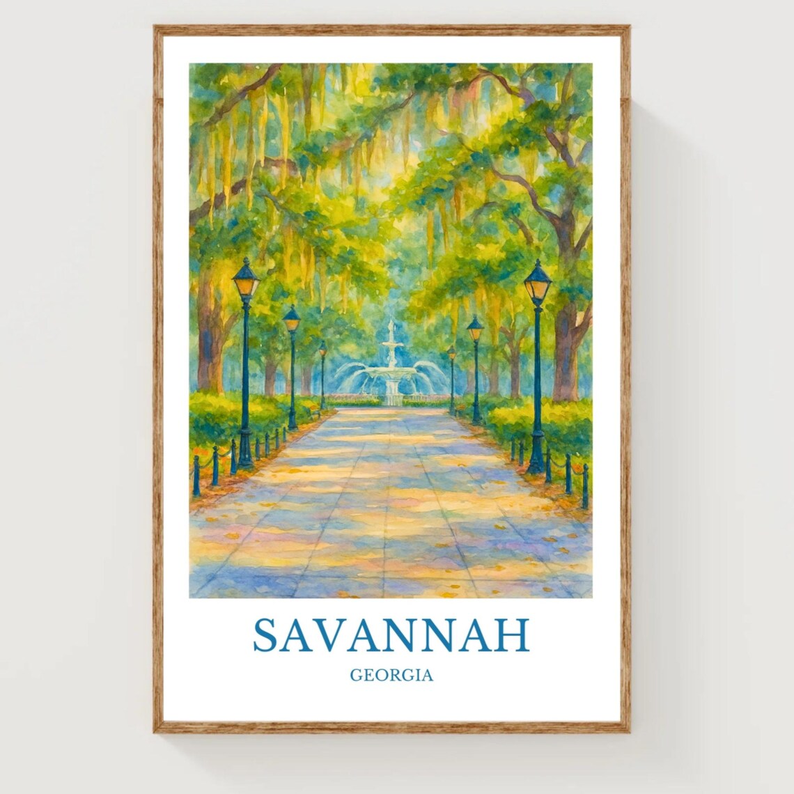Savannah Georgia Forsyth Park Mossy Oaks Watercolor Travel Poster