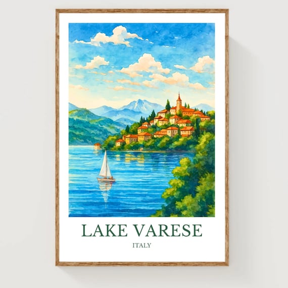 Lake Varese Italy Sailboat Watercolor Lakeside Travel Poster