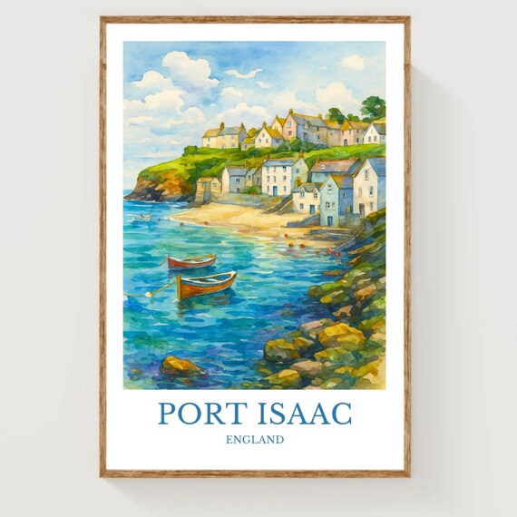 Port Isaac England Fishing Village Harbor Watercolor Travel Poster