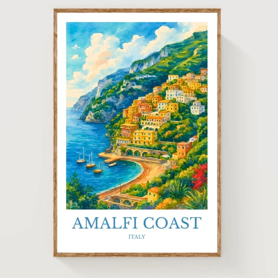 Amalfi Coast Italy Cliffside Village Harbor Boats Watercolor Travel Poster