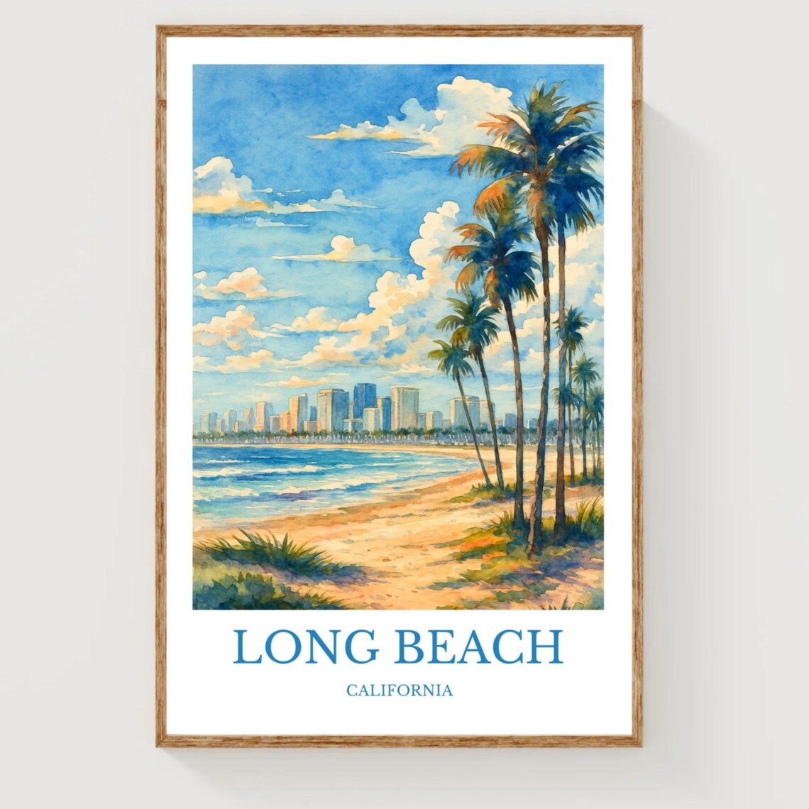 Long Beach California Skyline Palm Trees Watercolor Travel Poster