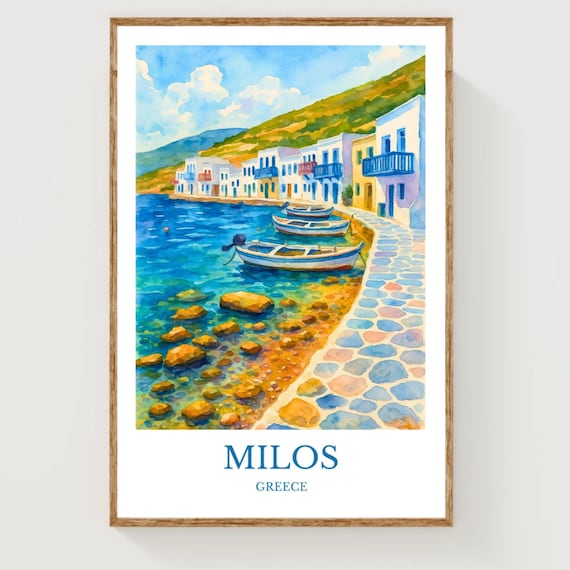 Milos Greece Watercolor Harbor Fishing Boats Island Travel Poster