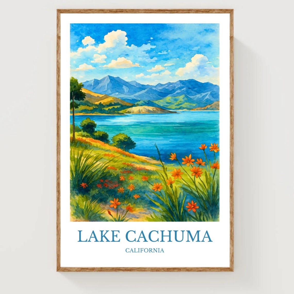 Lake Cachuma California Blue Lake Wildflowers Watercolor Poster