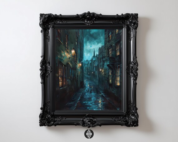Rainy Gothic Edinburgh Street, Dark Academia Art Print