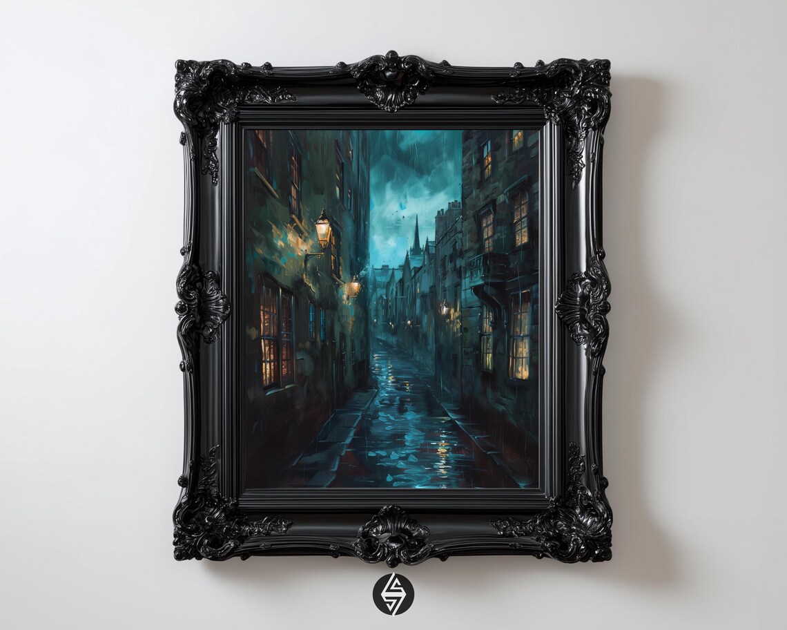 Rainy Gothic Edinburgh Street, Dark Academia Art Print