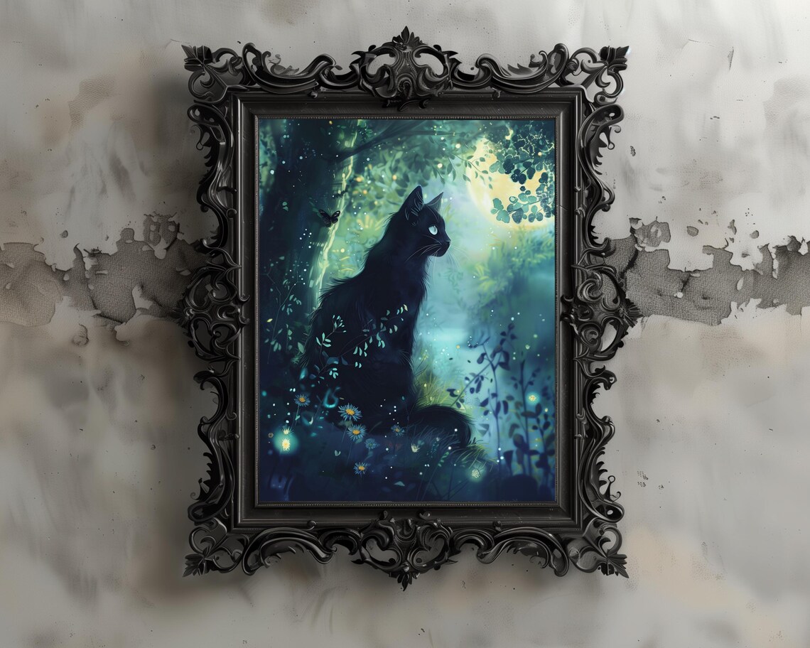 Black Cat Moon Art Print, Fairycore Forest Scene