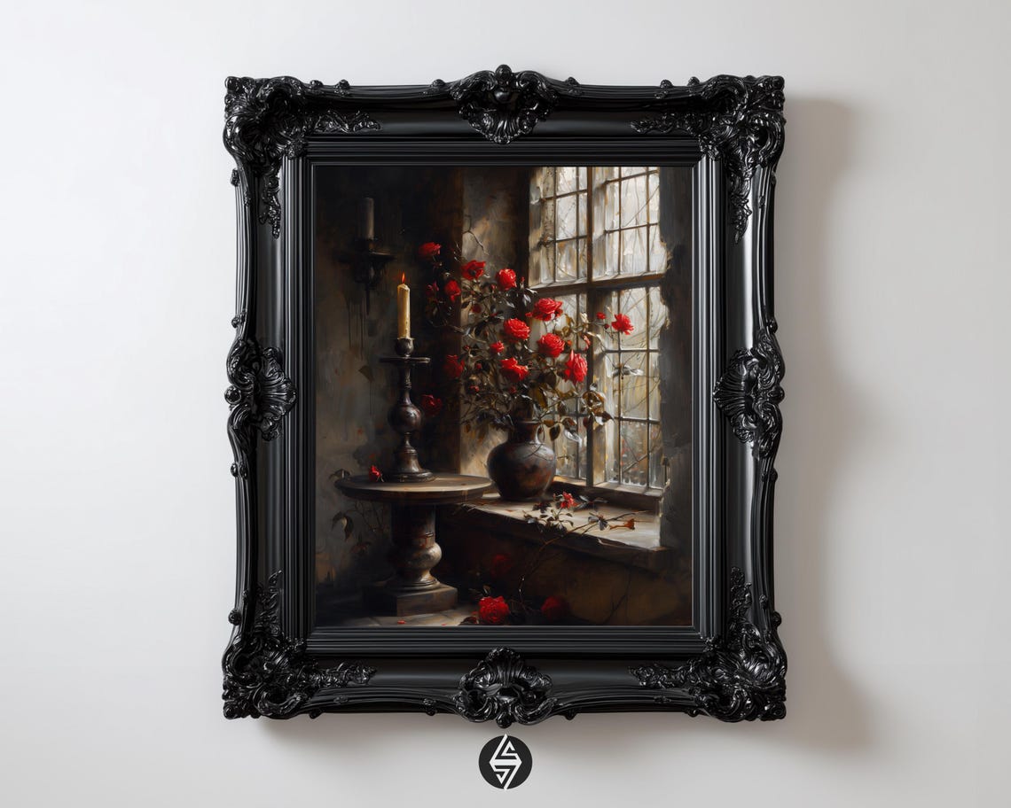 Candle And Red Roses By Gothic Window Moody Still Life Art Poster