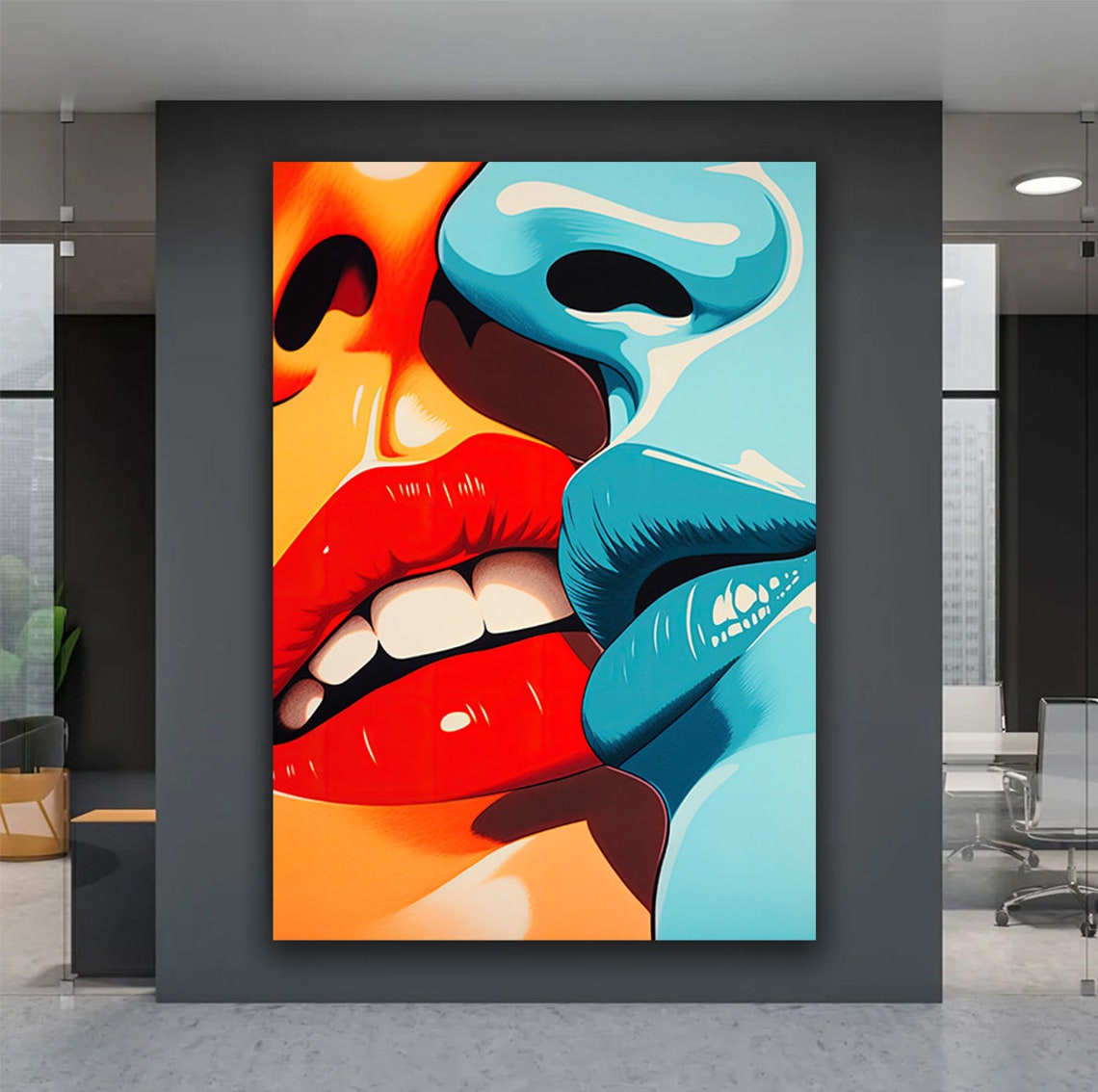 Retro Pop Art Kissing Couple Red Lips Bold Comic Style Wall Poster - Image 4