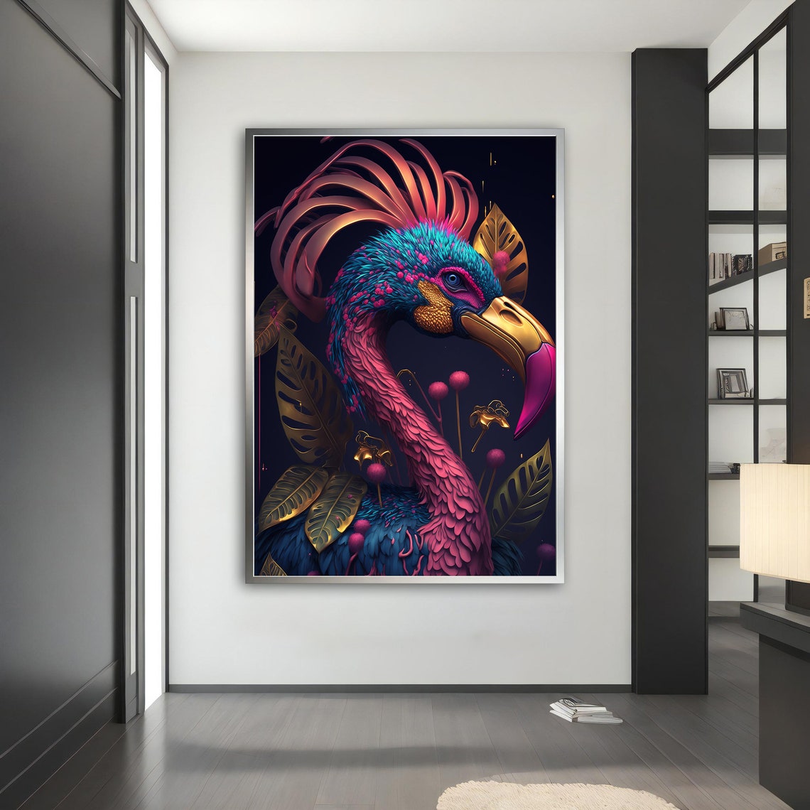 Fantasy Flamingo Teal Gold Feathers Dark Tropical Bird Art Wall Poster - Image 4