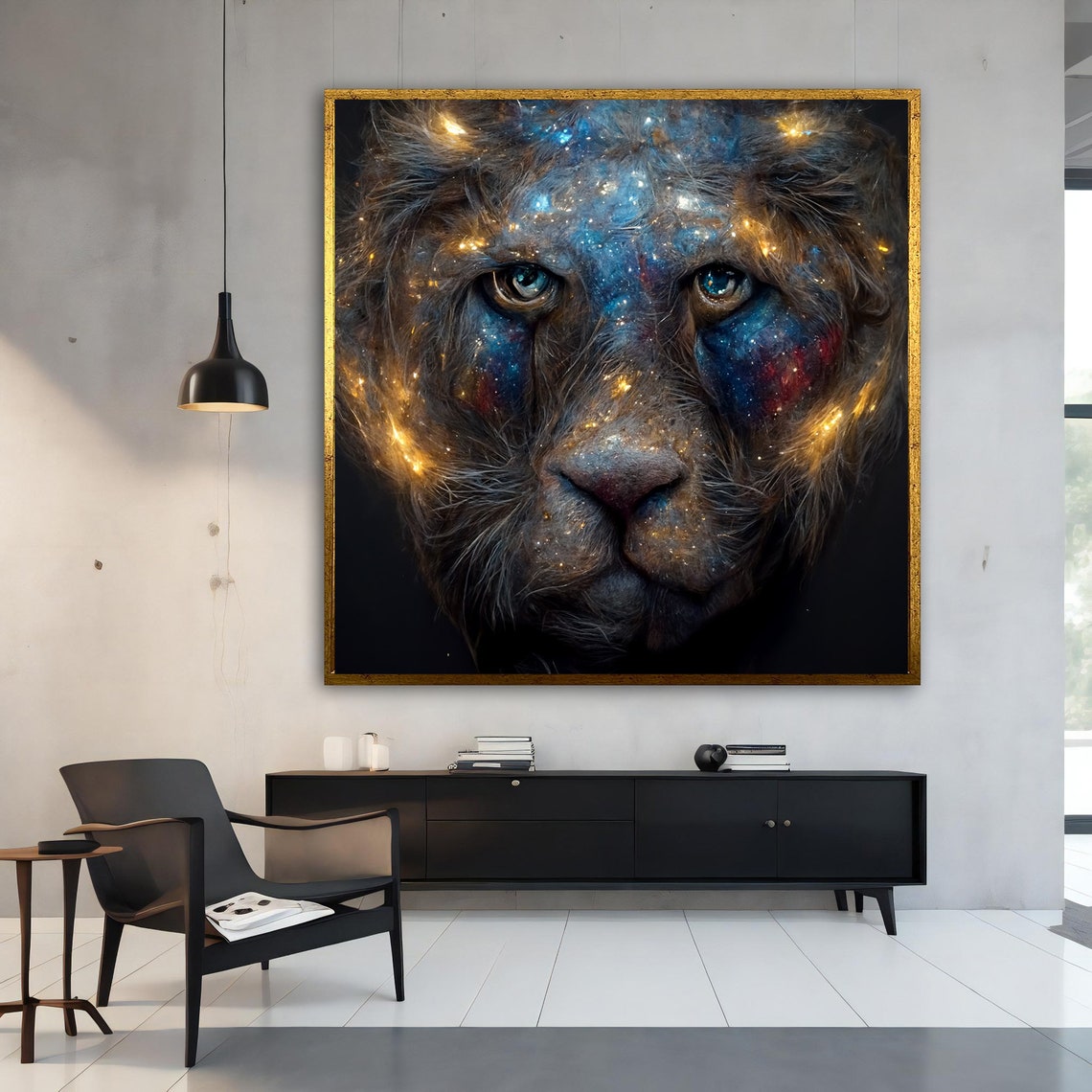Galaxy Lioness Face Starry Cosmic Blue Gold Dark Animal Art Poster - Image 3