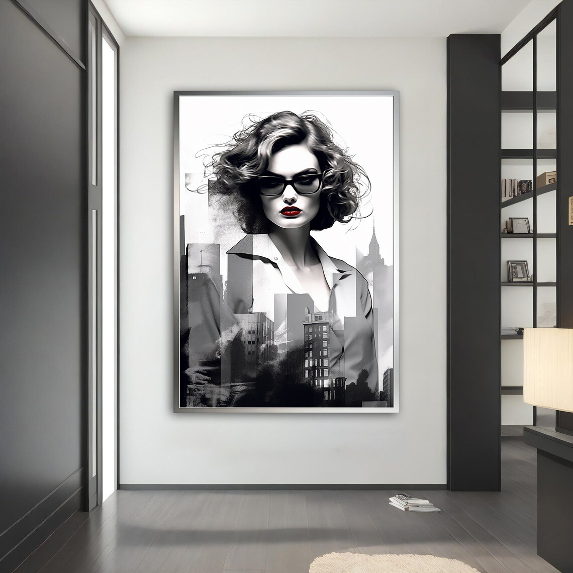 Black and White Woman with Red Lips City Skyline Double Exposure Poster - Image 5