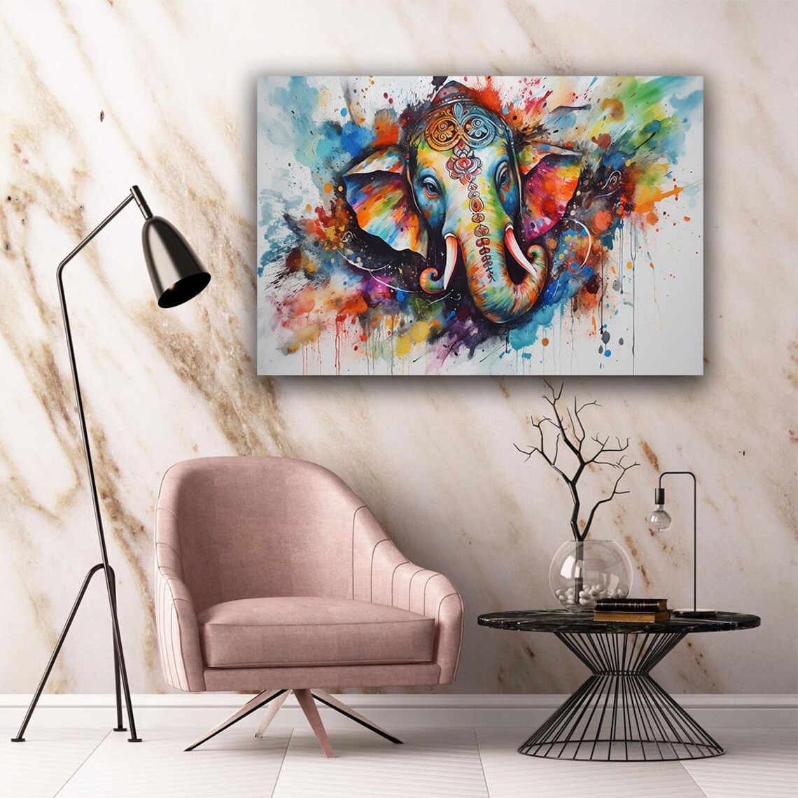Colorful Indian Elephant Head Watercolor Bohemian Splash Art Wall Print - Image 4