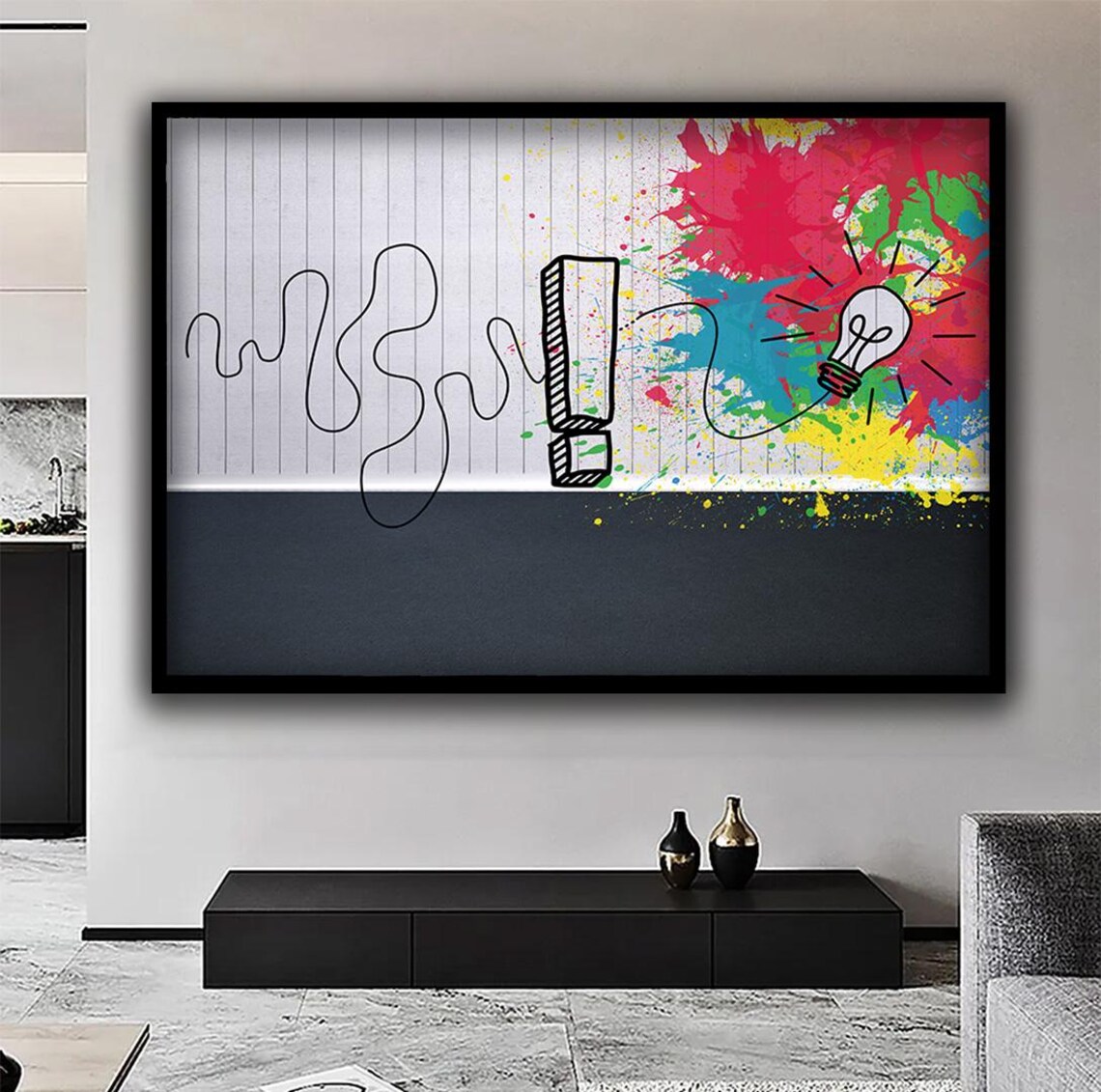 Lightbulb Idea Sketch Line Art Colorful Paint Splash Creative Wall Art Print - Image 2