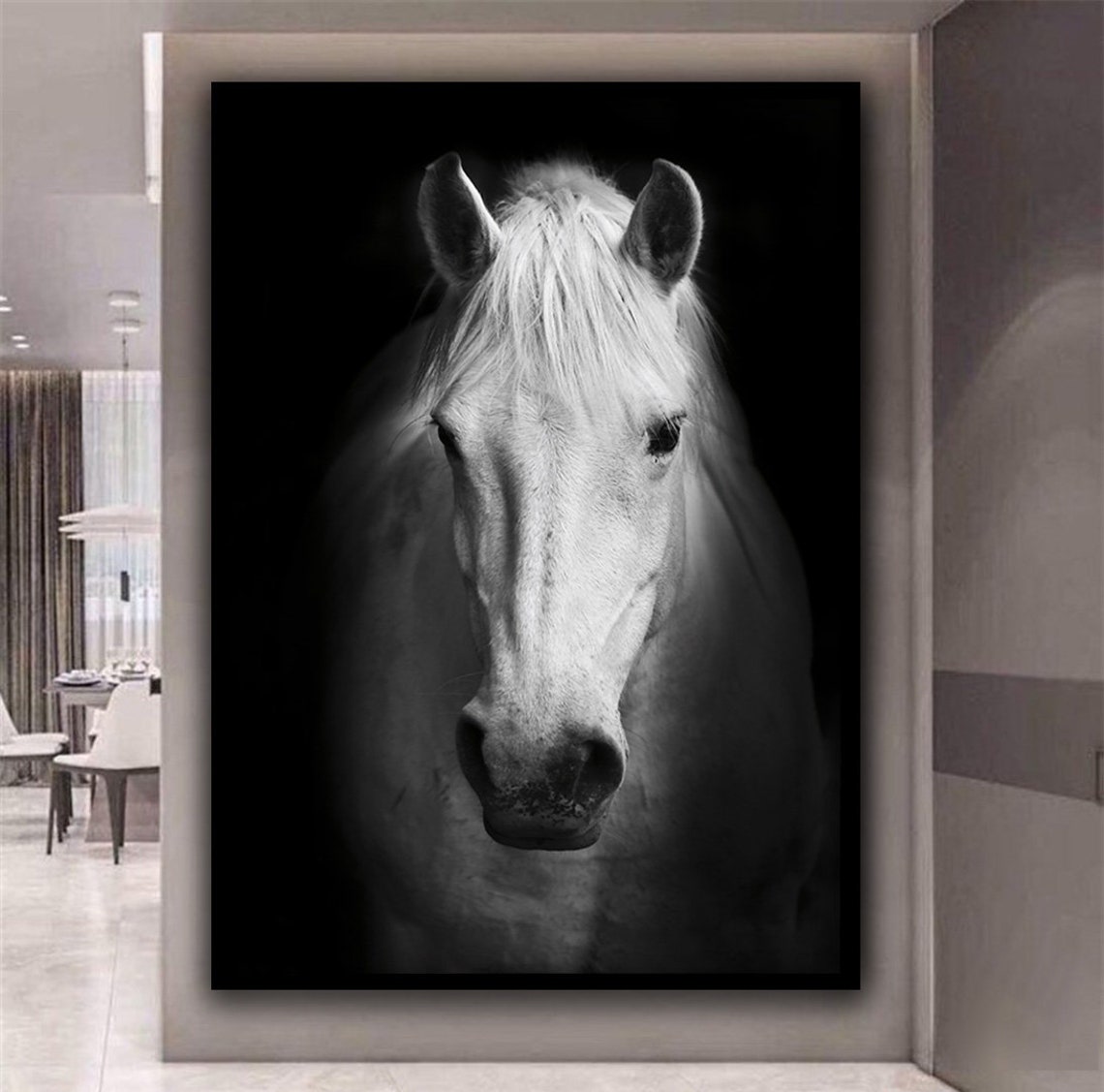 White Horse Portrait Black White Close-Up Dark Moody Equine Art Poster - Image 4