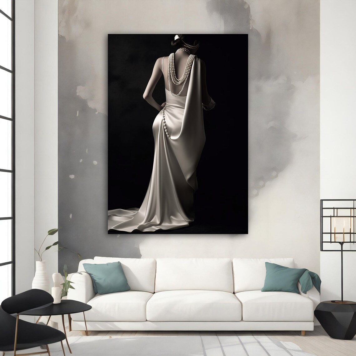 Glamorous Woman Backless Silk Gown Pearls 1920s Elegance Portrait Poster - Image 2