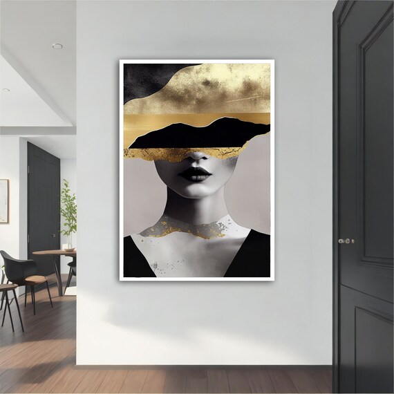 Black White Woman Gold Eye Band Abstract Elegant Portrait Wall Art