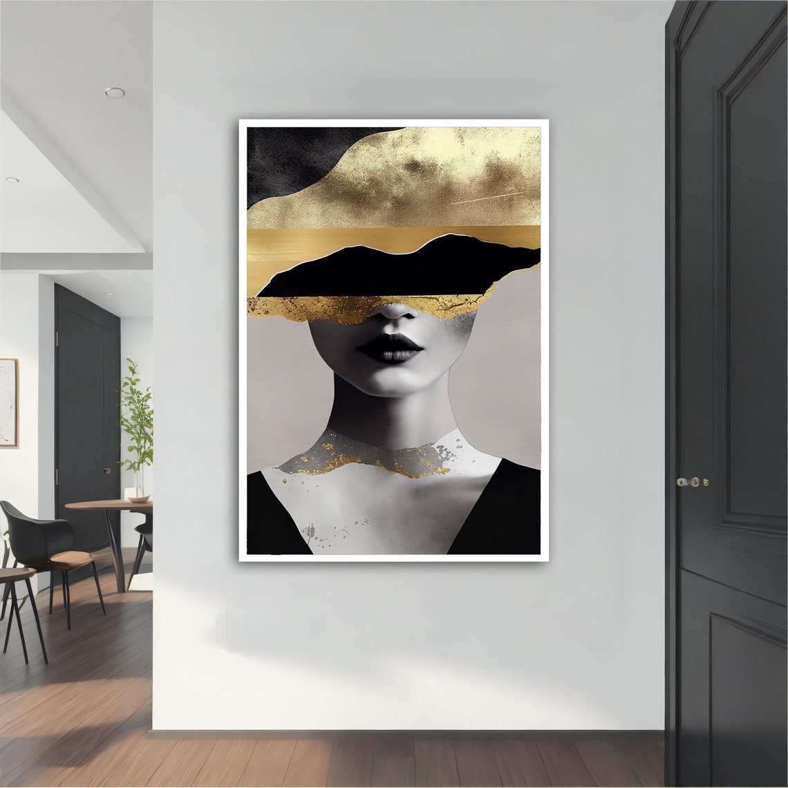 Black White Woman Gold Eye Band Abstract Elegant Portrait Wall Art