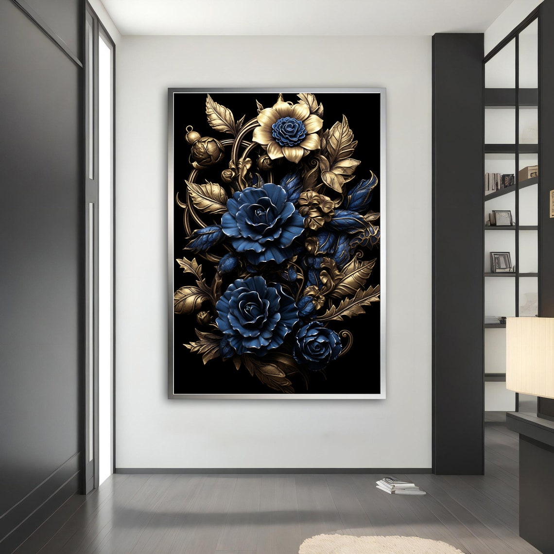 Luxury Blue Roses Gold Baroque Leaves Black Floral Elegant Wall Art - Image 5