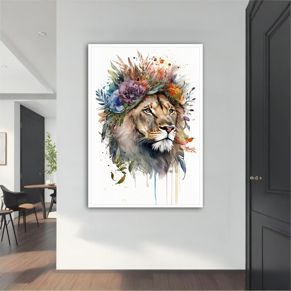 Watercolor Lion Floral Crown Botanical Soft Pastel Animal Art Wall Poster