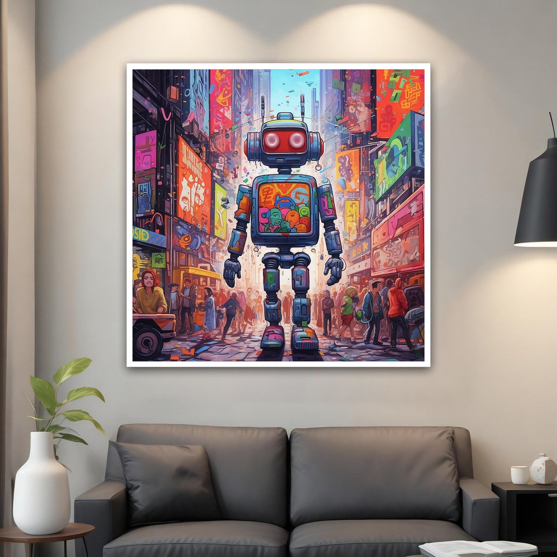 Robot Crowded City Street Graffiti Pop Art Urban Scene Art Poster - Image 2