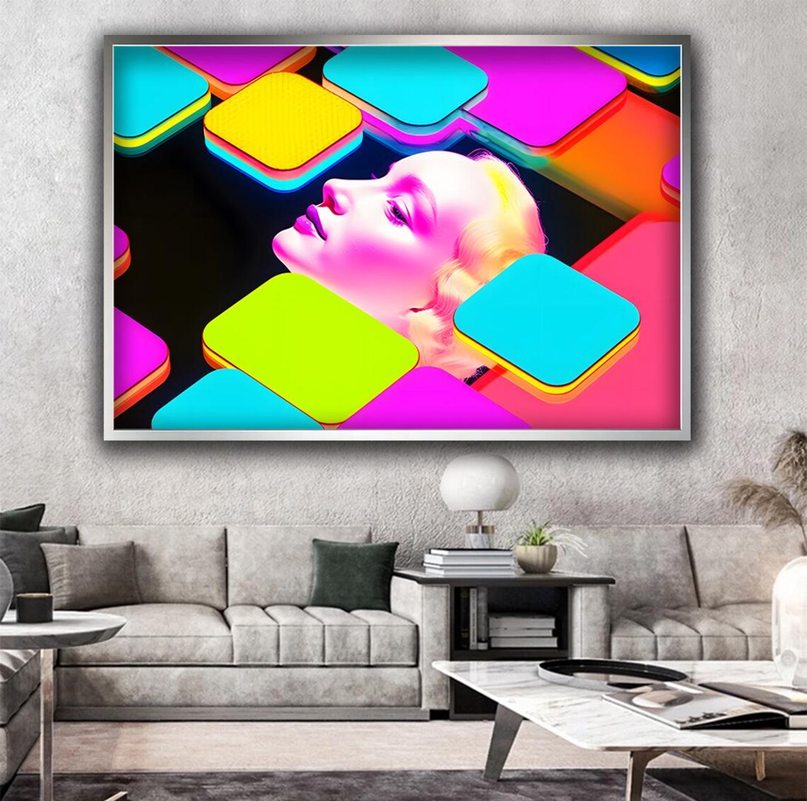 Pop Art Woman Face Neon Geometric 3D Squares Vibrant Modern Wall Art Print - Image 3