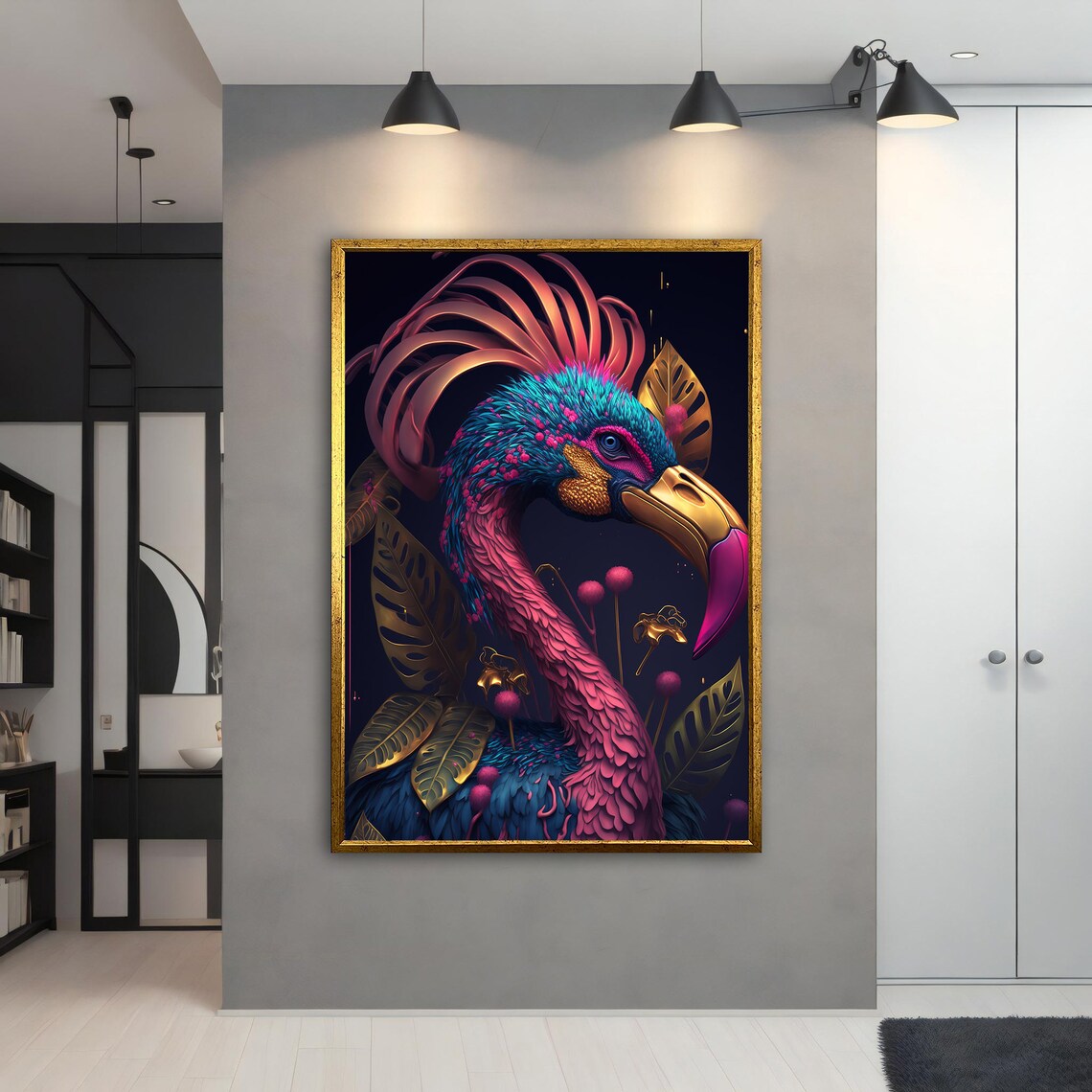 Fantasy Flamingo Teal Gold Feathers Dark Tropical Bird Art Wall Poster - Image 5