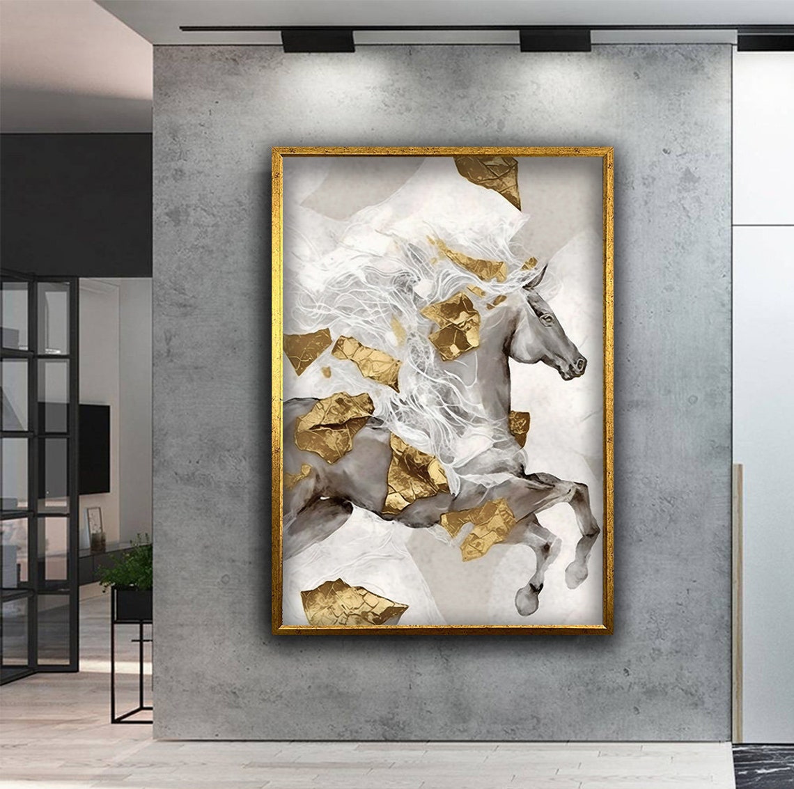 White Horse Wall Art Gold Detailed Wall Art Running Horse Print Horse Painting Farmhouse Art Print Animal Art