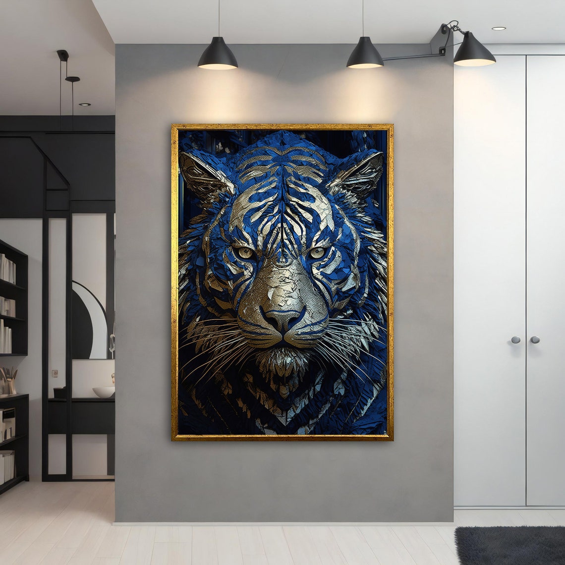 Blue Gold Tiger Face Geometric Crystal Mosaic Wall Art Poster - Image 2