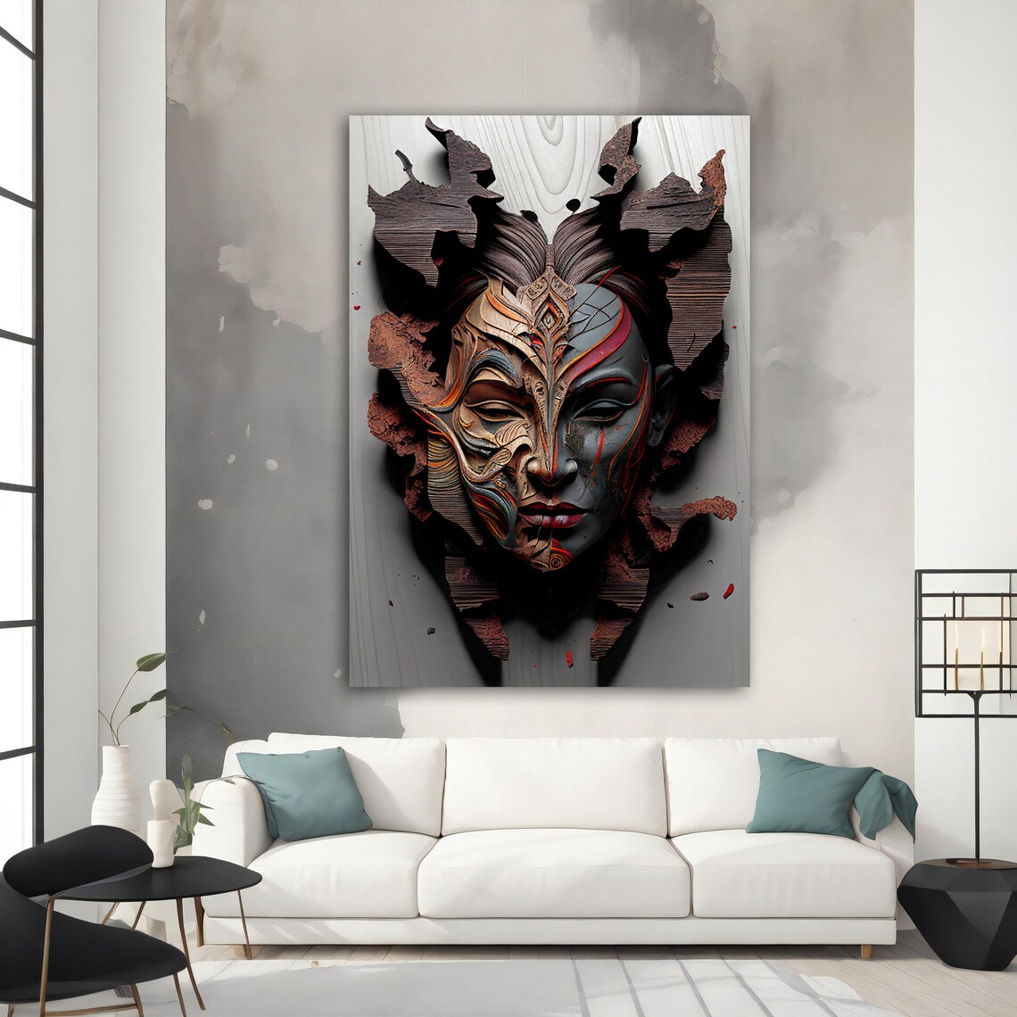 Carved Wooden Tribal Woman Face 3D Sculpture Texture Abstract Art Poster - Image 3