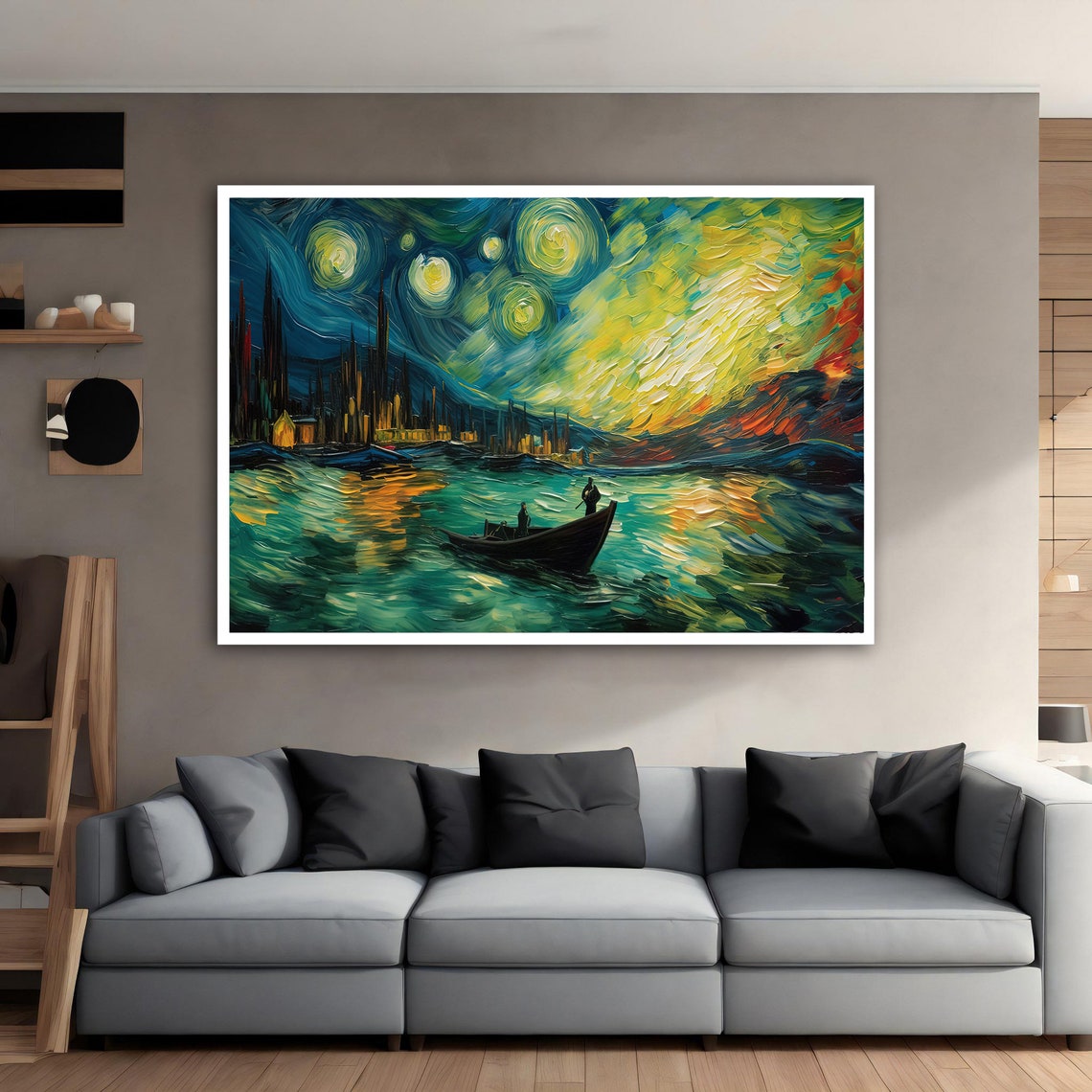 Starry Night Lake Inspired Swirling Sky Night Landscape Art Poster - Image 4