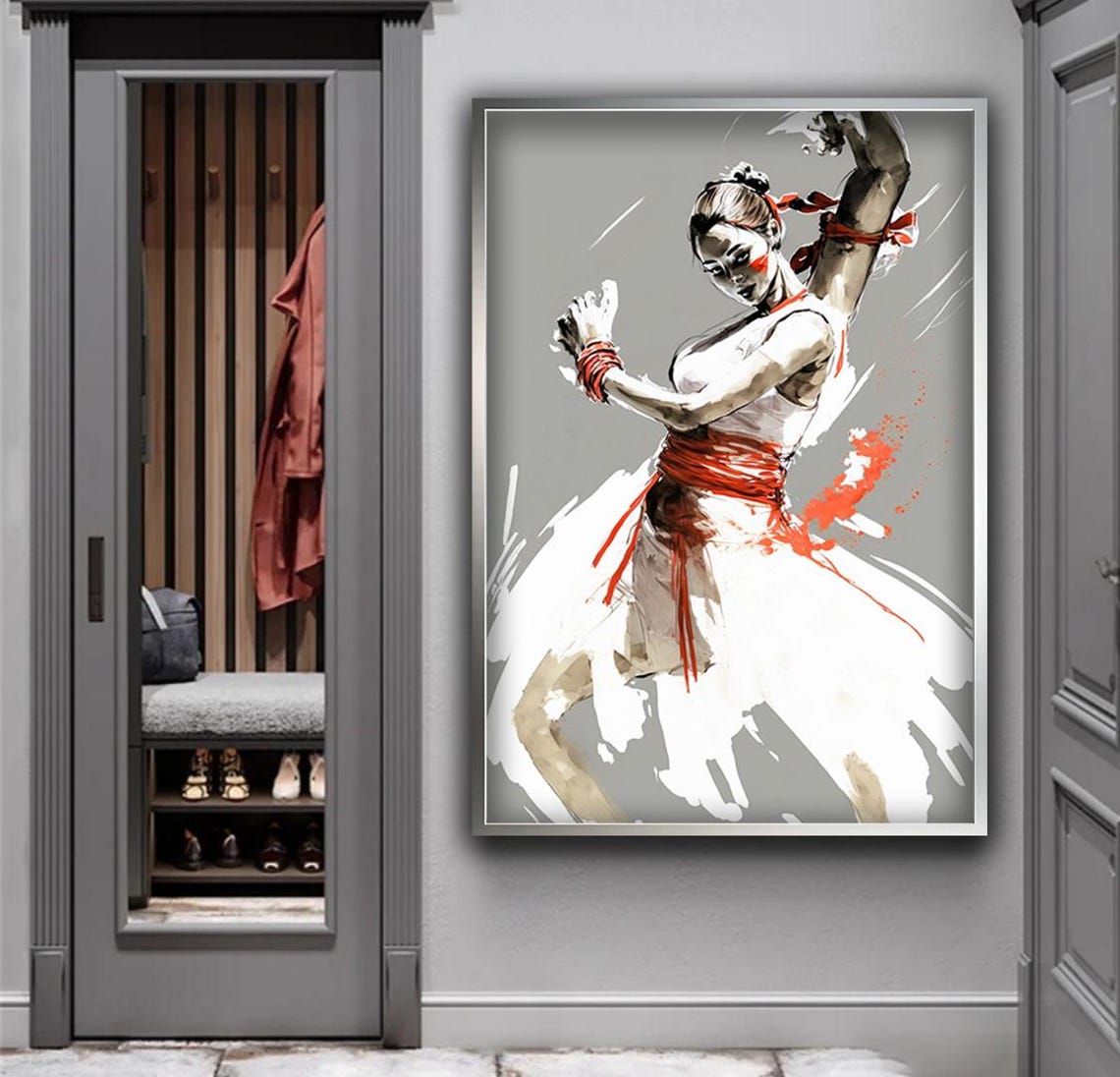 Asian Dancer White Dress Red Ribbons Dynamic Ink Motion Art Poster - Image 4