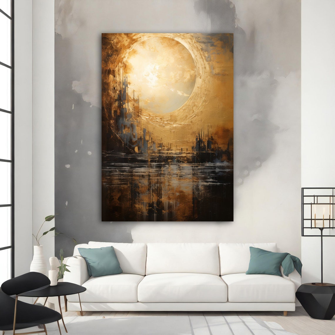 Golden Moon over Dark Water Abstract City Reflection Art Poster - Image 2